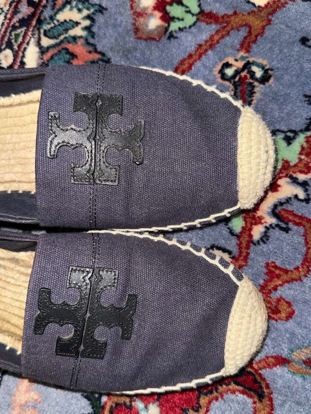 Tory Burch Weston Espadrille Flats Navy Canvas Logo Sz 9